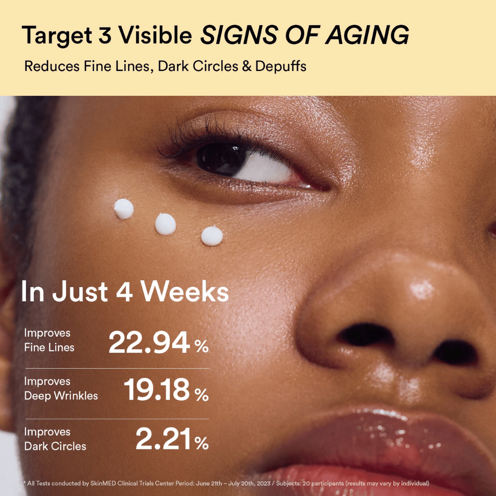 Nahaufnahme des Augenbereichs mit drei Punkten von Abib Collagen Eye Crème. Zeigt dokumentierte Ergebnisse bei Falten und dunklen Ringen.