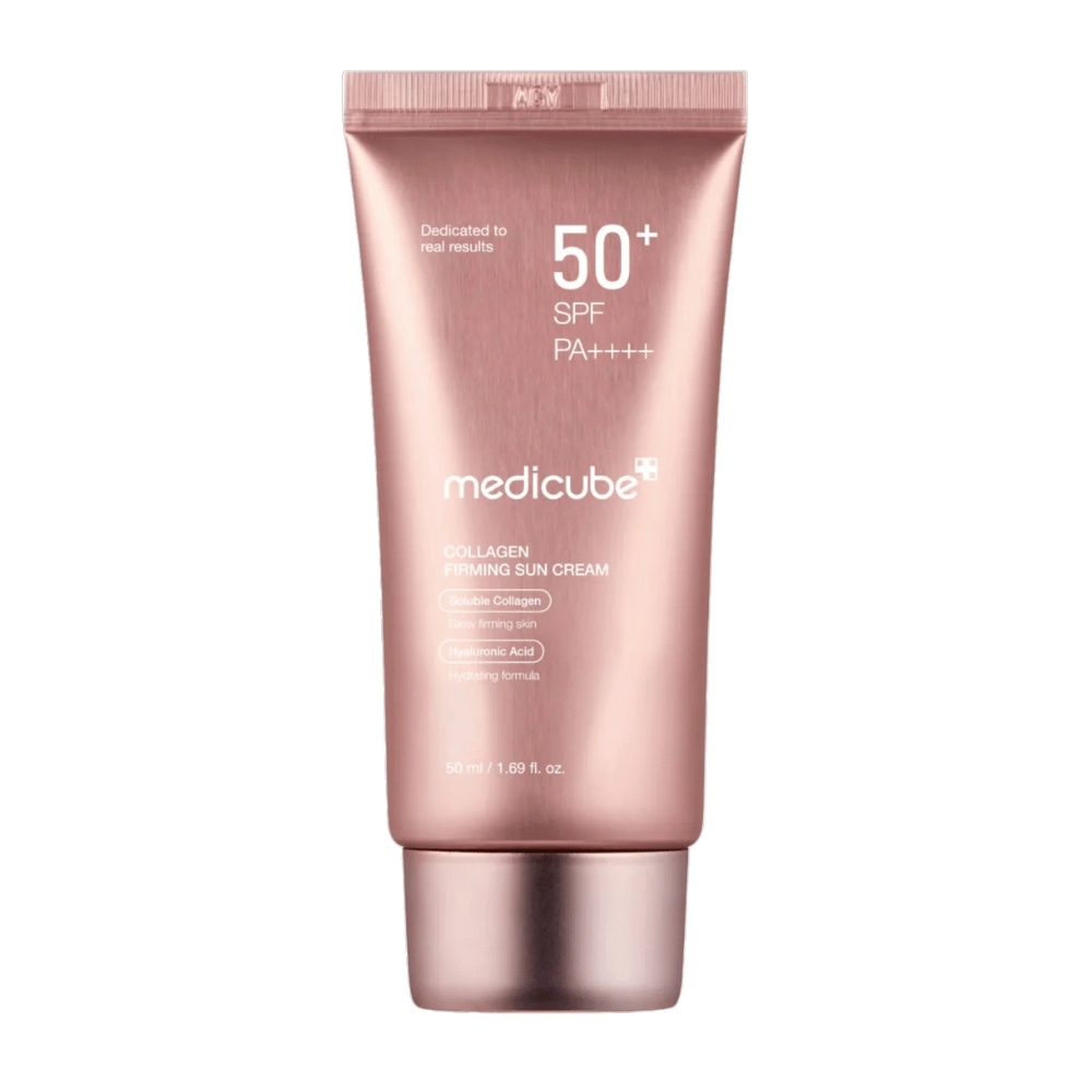 Medicube Collagen Firming Sun Cream SPF 50+ in roségoldener Tube – Sonnenschutz mit Kollagen und Hyaluronsäure, der straffere, hydratisierte Haut mit Ausstrahlung verleiht.