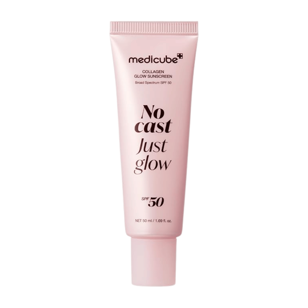 Medicube Collagen Glow Sunscreen SPF 50 50 ml, Sonnenschutz mit Kollagen in einer hellrosa Tube mit dem Text „No Cast Just Glow“ vor weißem Hintergrund.