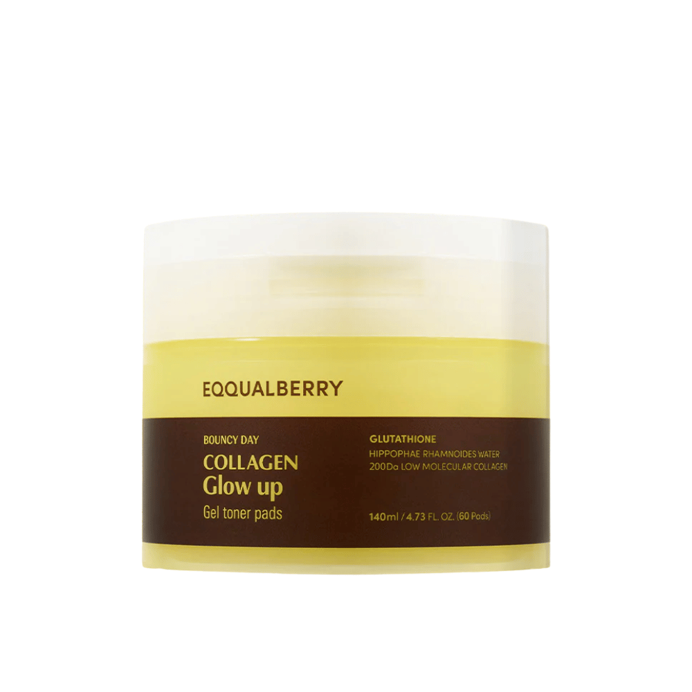 Bouncy Day Collagen Glow Up Gel Toner Pads, enthält niedrigmolekulares Kollagen und Glutathion, um die Hautelastizität zu verbessern und einen jugendlichen Glanz zu verleihen. Verpackung mit 60 Pads.
