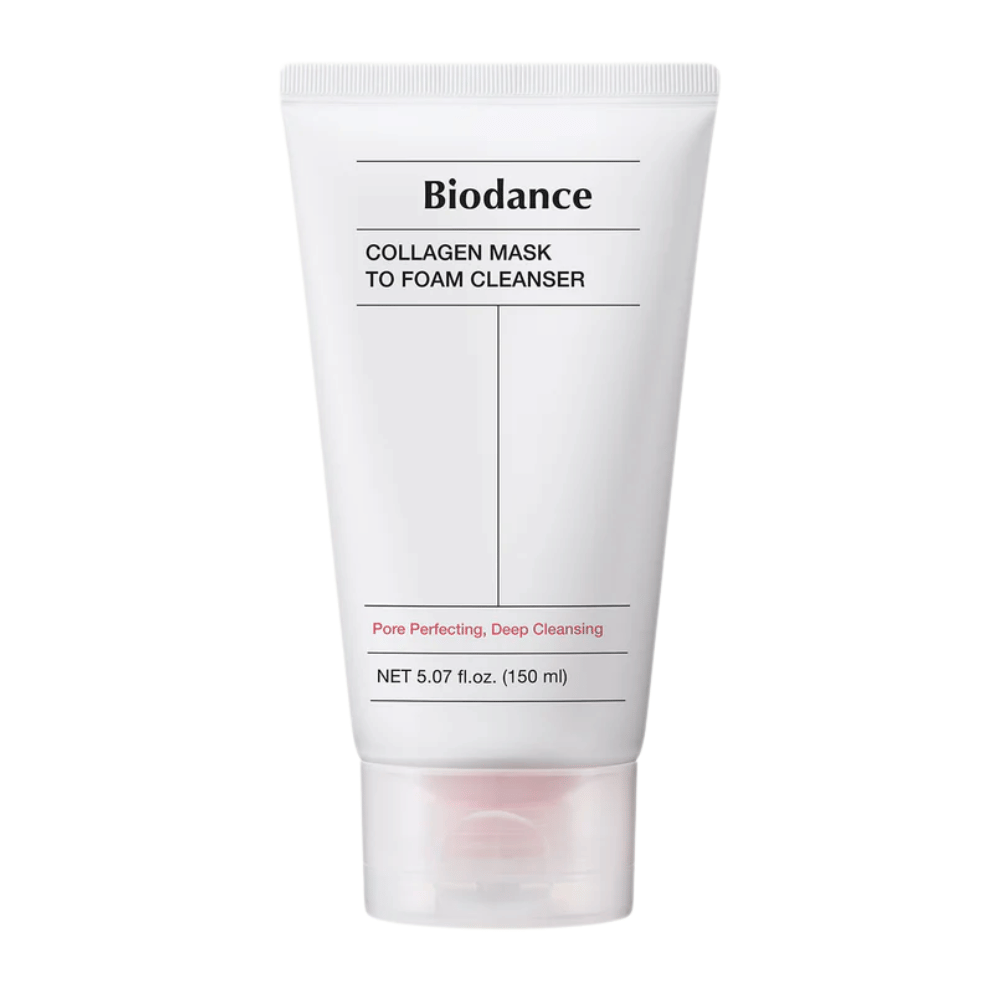 Produktbild auf Biodance Collagen Mask to Foam Cleanser in einer weißen Tube mit schwarzem Text und rosa Details. Fasst 150 ml und wird als tiefenreinigend und porenverbessernd vermarktet.