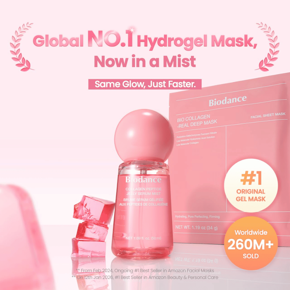 Biodance Collagen Peptide Jelly Serum Mist zusammen mit Biodance Bio-Collagen Real Deep Mask – hydrogelinspirierte Hautpflege für Glow und Feuchtigkeit.