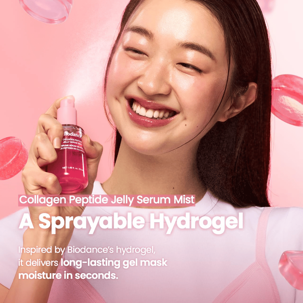Biodance Collagen Peptide Jelly Serum Mist – sprühbarer, hydrogelinspirierter Gesichtsmist für schnelle und langanhaltende Feuchtigkeit.
