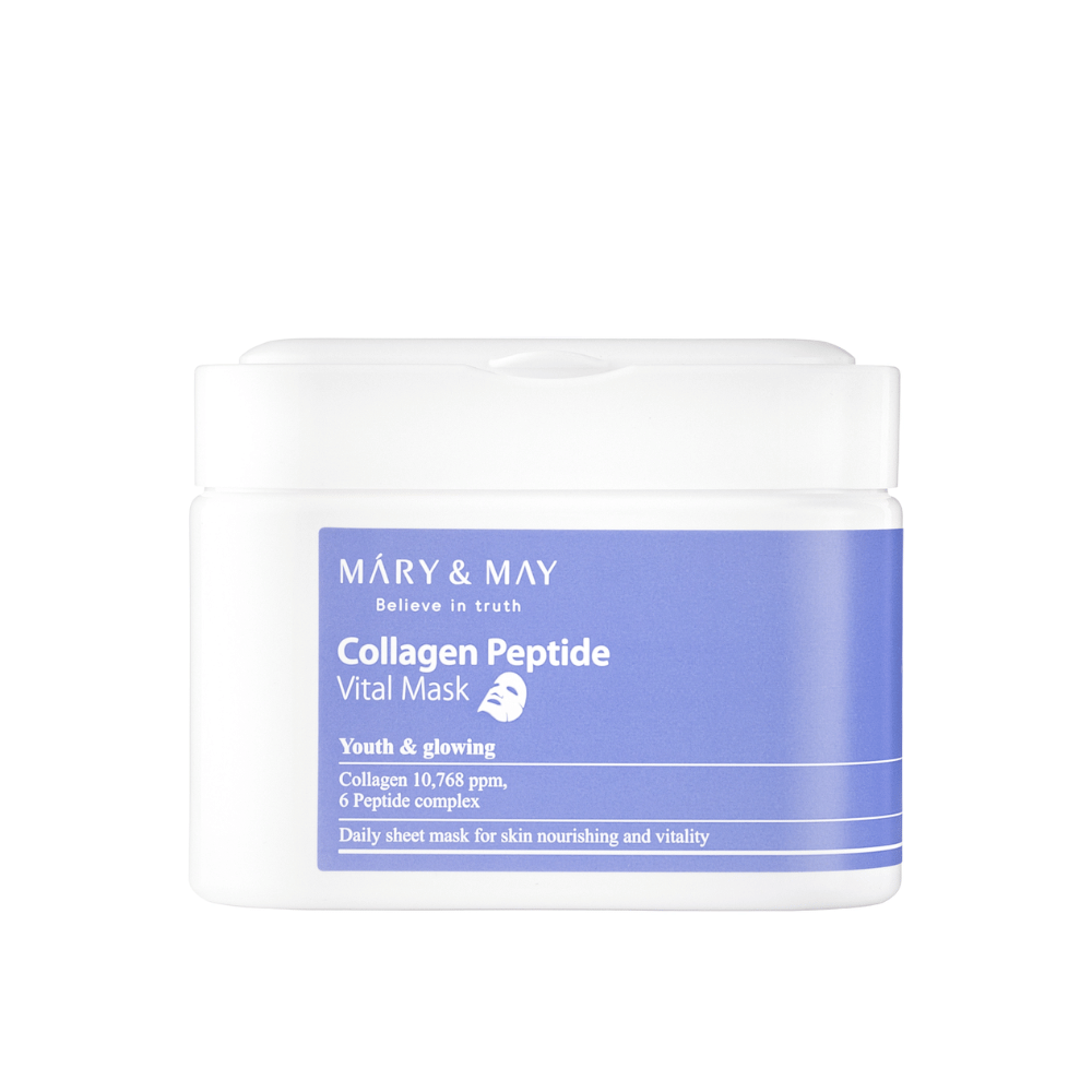 Collagen Peptide Vital Mask" von MARY & MAY in einem weißen und lila Behälter. Das Produkt enthält 10,768 ppm Kollagen und einen Peptidkomplex, um der Haut Nährstoffe und Glanz zu verleihen. Diese tägliche Gesichtsmaske ist darauf ausgelegt, eine jugendliche und strahlende Haut zu bieten.
