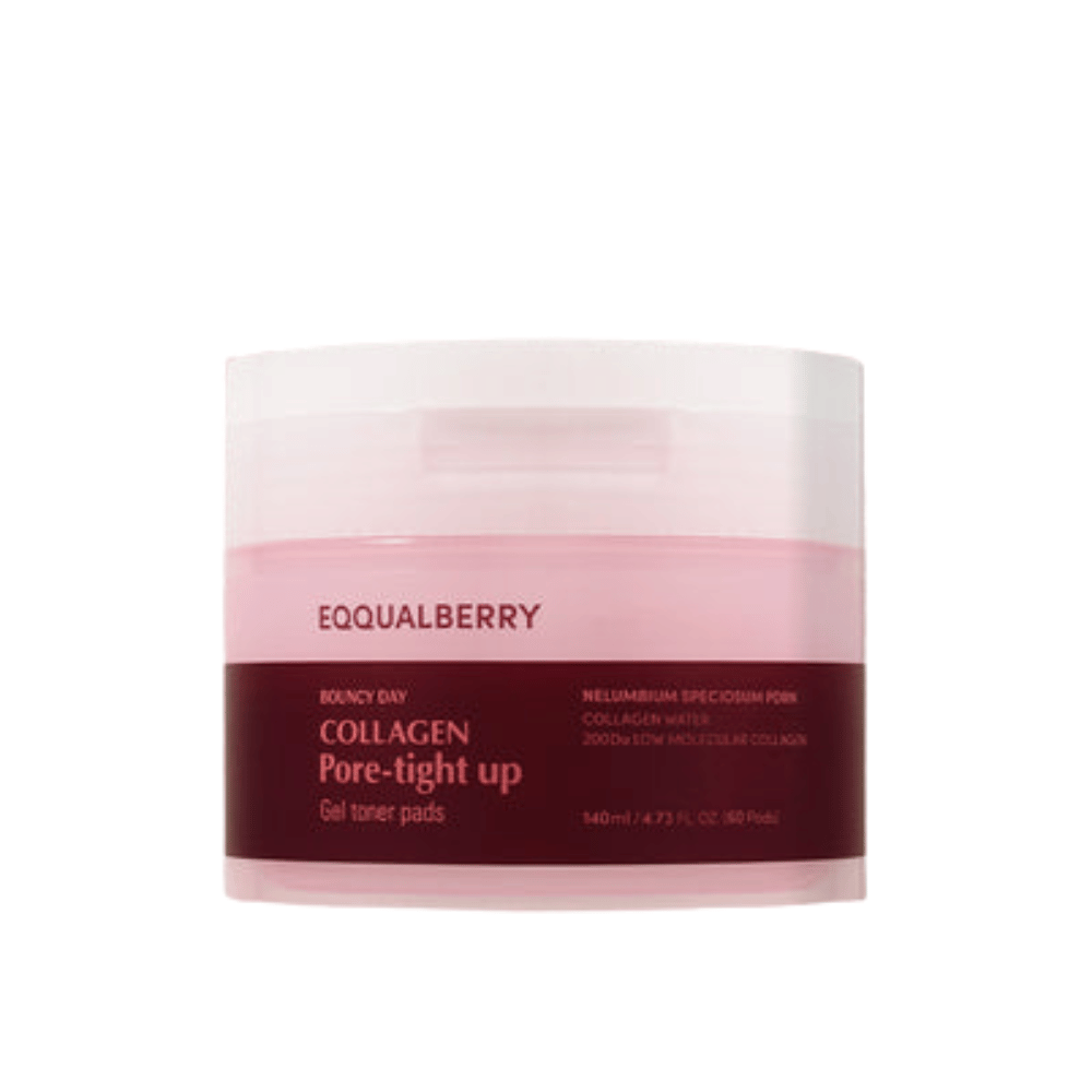 Eine Dose mit Bouncy Day Collagen Pore-Tight Up Gel Toner Pads. Die Dose ist rosa und rot und enthält 140 ml Produkt, das hilft, die Haut zu straffen und die Porengröße zu reduzieren.