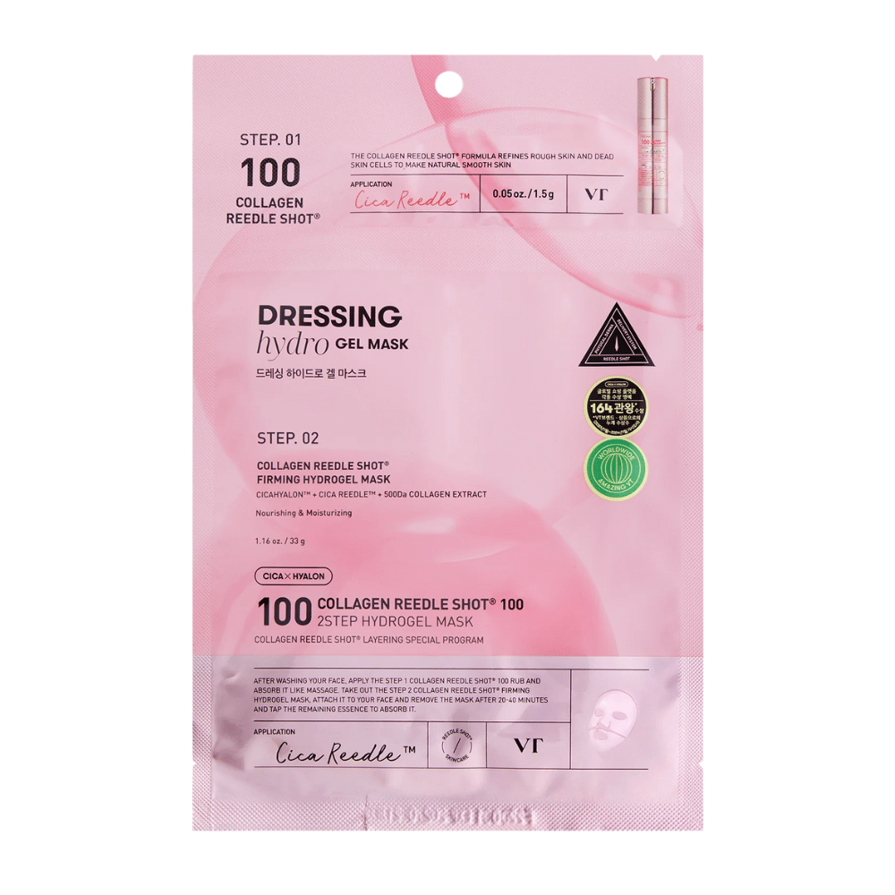 Verpackung von VT Collagen Reedle Shot 100 2-Step Hydrogel Mask im rosa Design. Zeigt Schritt 1 mit Cica Reedle™ und Schritt 2 mit straffender Hydrogelmaske, die CICAHYALON™ und 500Da Kollagenextrakt enthält.