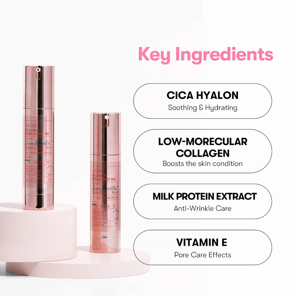 Nahaufnahme von VT Collagen Reedle Shot 100 und seinen Schlüsselzutaten: Cica Hyalon, Kollagen, Milchprotein und Vitamin E.