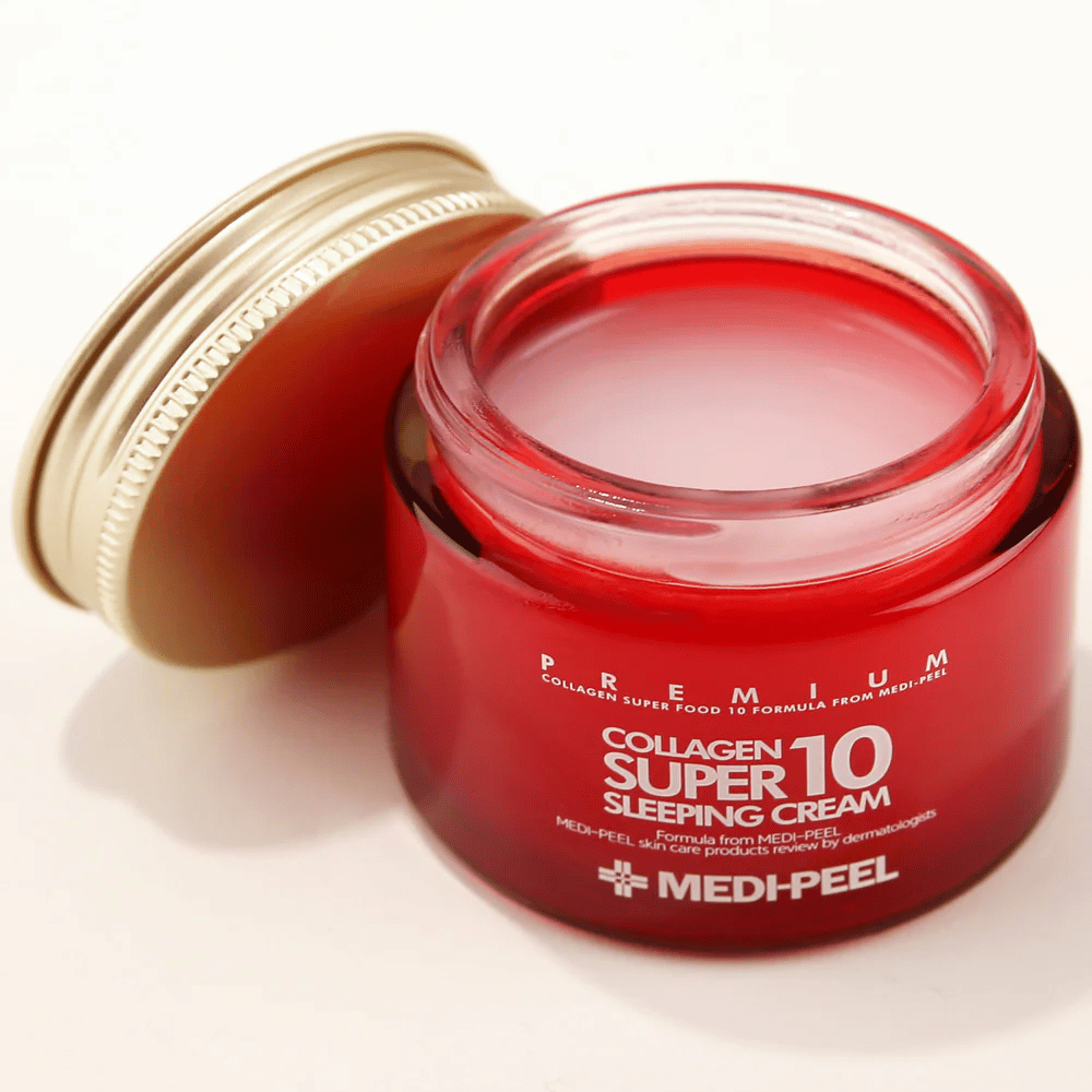 Nahaufnahme von MEDI-PEEL Collagen Super 10 Sleeping Cream mit Gelcreme-Textur, die über Nacht einzieht und intensive Feuchtigkeit spendet.