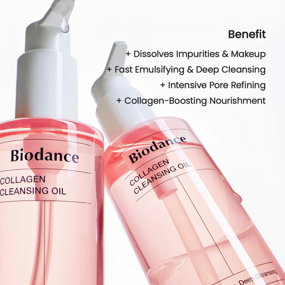 Zwei Flaschen von Biodance Collagen Cleansing Oil mit rosafarbener Flüssigkeit und weißer Pumpe, aufgestellt vor hellem Hintergrund. Der Text listet Vorteile wie Tiefenreinigung, Make-up-Entfernung und Kollagenunterstützung auf.