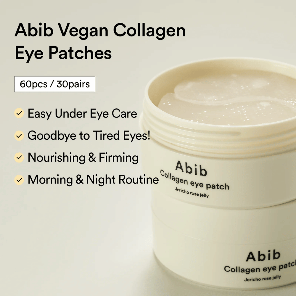 Abib Collagen Eye Patch Jericho Rose Jelly in offenem Behälter mit sichtbaren Augenpatches. Text beschreibt Vorteile wie einfache Pflege für müde Augen, straffende Wirkung und Anwendung morgens und abends. 60 Stk / 30 Paare.