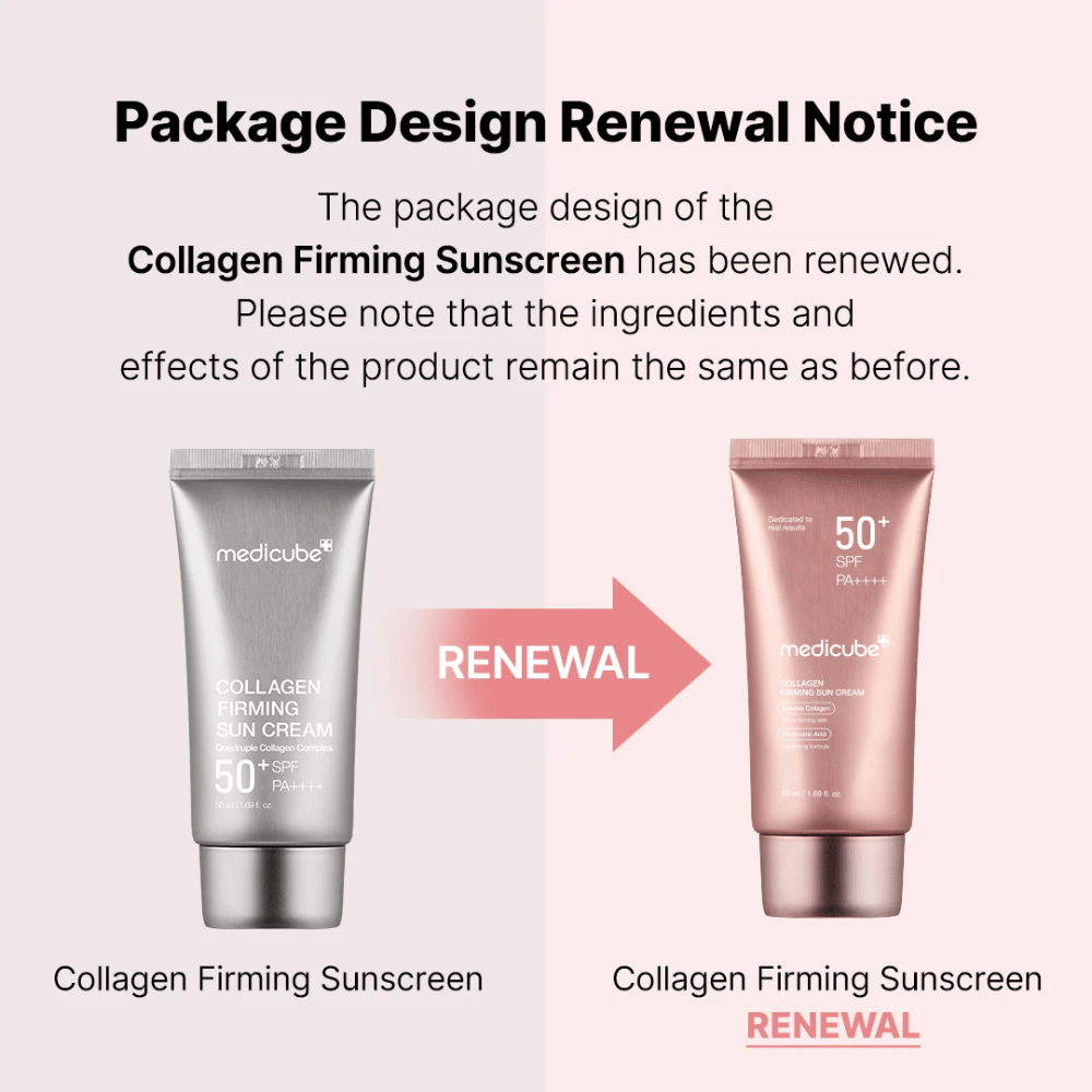 Medicube Collagen Firming Sunscreen hat ein neues Verpackungsdesign erhalten – von silberfarbener Tube zu roségoldener, mit denselben Inhaltsstoffen und Effekten wie zuvor.