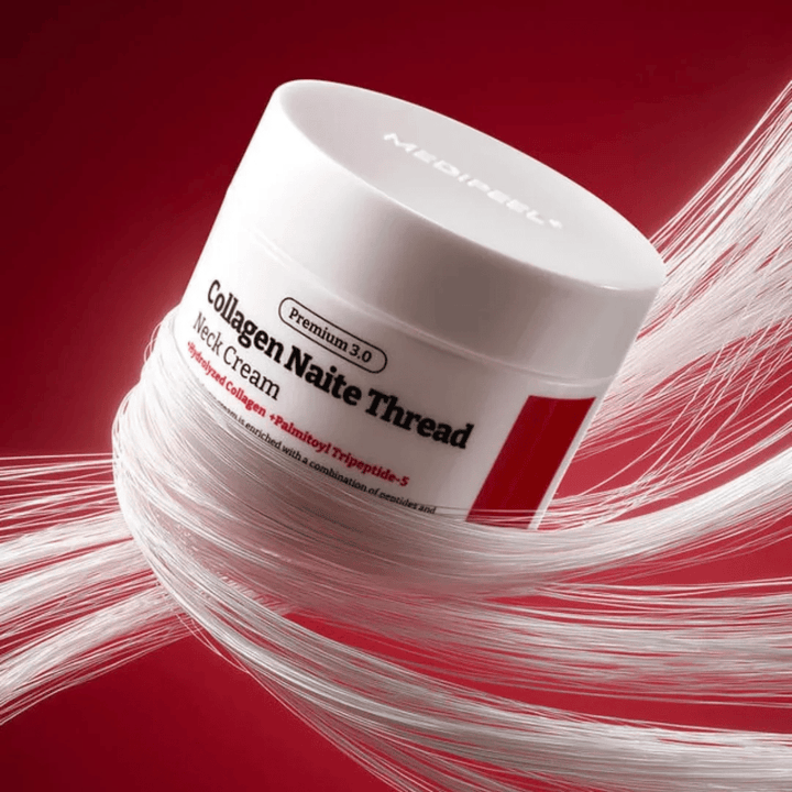 MEDIPEEL Collagen Naite Thread Neck Cream Premium 3.0 – straffende Halscreme mit hydrolysiertem Kollagen und Peptiden, die die Elastizität der Haut verbessert und sichtbare Linien am Hals und Dekolleté reduziert.