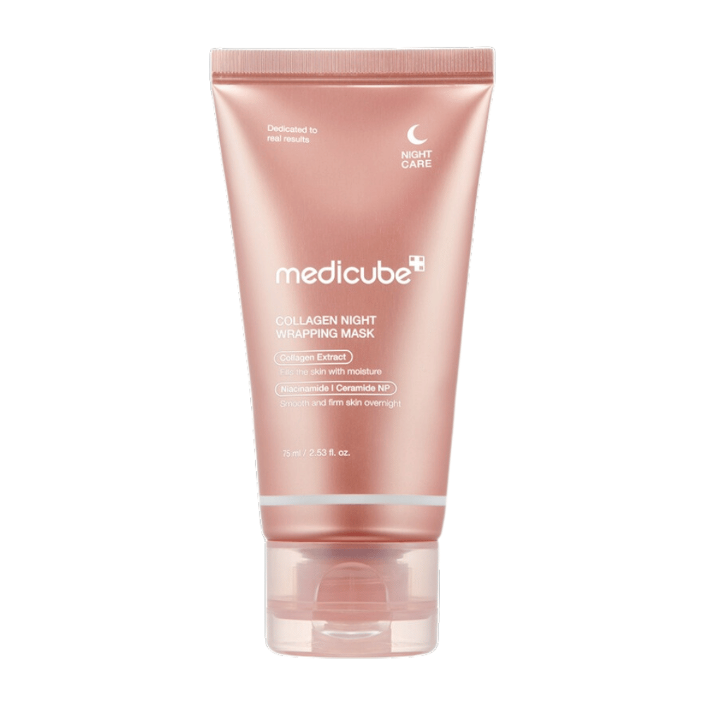 Medicube Collagen Night Wrapping Mask, eine Nachtmaske mit Kollagenextrakt, die die Haut über Nacht mit Feuchtigkeit versorgt und stärkt. Enthält Niacinamid und Ceramid NP für eine glattere und straffere Haut. Inhalt: 75 ml.