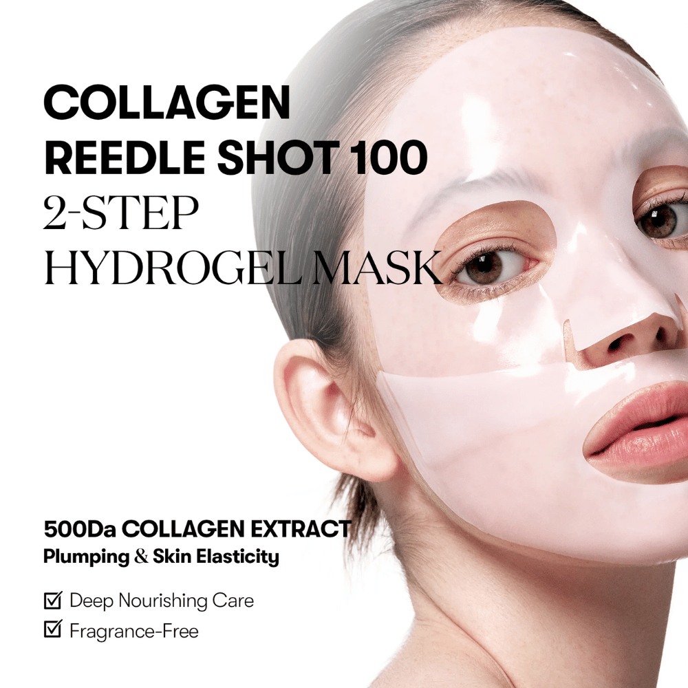 Nahaufnahme einer Frau, die eine transparente 2-Stufen-Hydrogelmaske trägt. Text auf dem Bild wirbt für "Collagen Reedle Shot 100" mit 500Da Kollagenextrakt für die Hautelastizität, sowie dass das Produkt duftfrei ist und tiefe Pflege bietet.