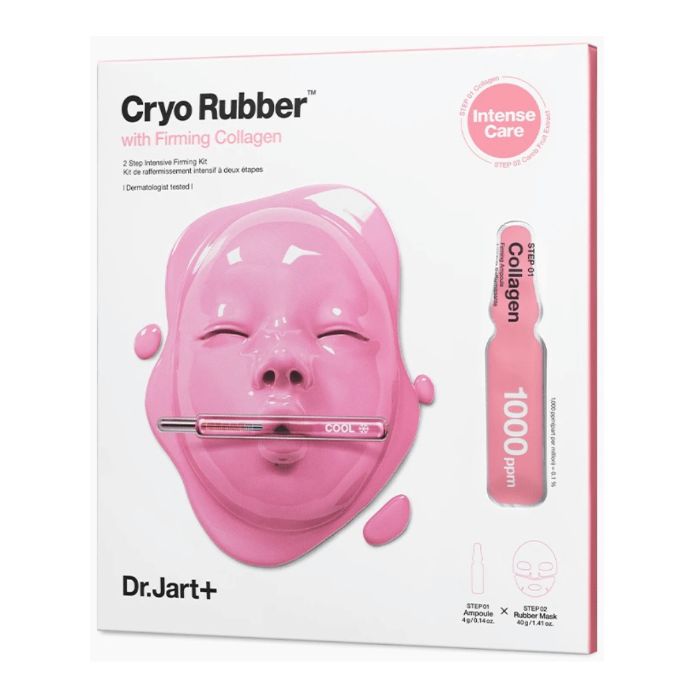 Ein Bild von Dr.Jart+'s Cryo Rubber™ mit Firming Collagen Produkt, zeigt eine rosa Gesichtsmaske und eine Beschreibung des Inhalts.