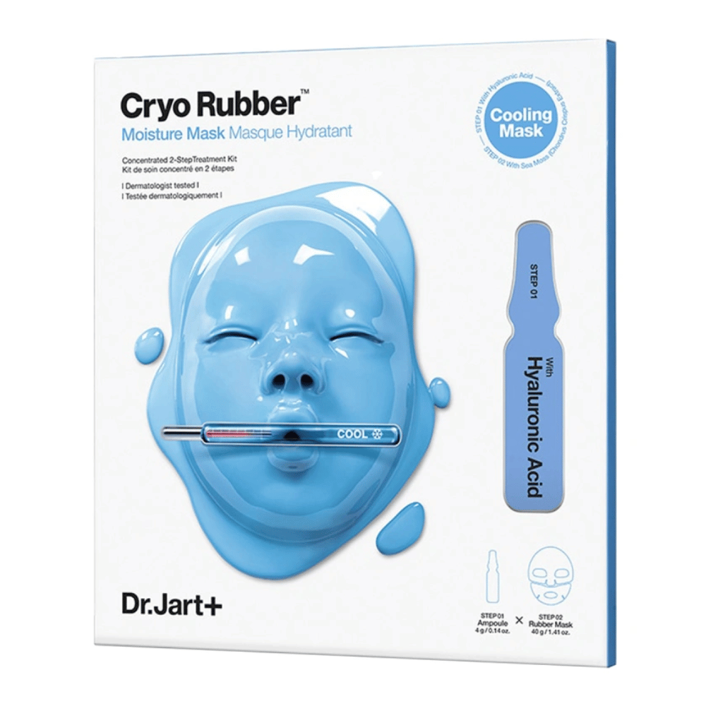 Verpackung von Dr.Jart+ Cryo Rubber Moisture Mask mit blauer Gesichtsmaske und einer Ampulle mit Hyaluronsäure, gekennzeichnet als "Cooling Mask" und Schritt-für-Schritt-Anwendungsanleitung.