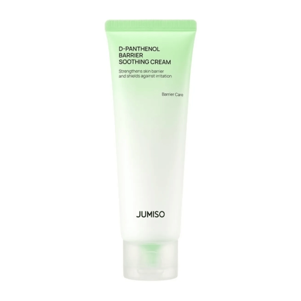 Produktbild von Jumiso D-Panthenol Barrier Soothing Cream in grüner Tube vor weißem Hintergrund.