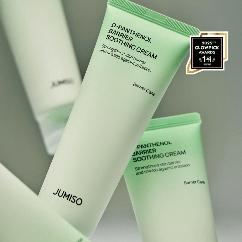 Nahaufnahme von Jumiso D-Panthenol Barrier Soothing Cream in grüner Tube, Gewinner der Glowpick Awards 2025.