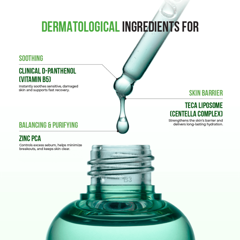 Nahaufnahme einer Pipette mit tropfendem Serum, markierte Inhaltsstoffe wie D-Panthenol, Zink PCA und Centella Complex für Hautbarriere und Feuchtigkeit.