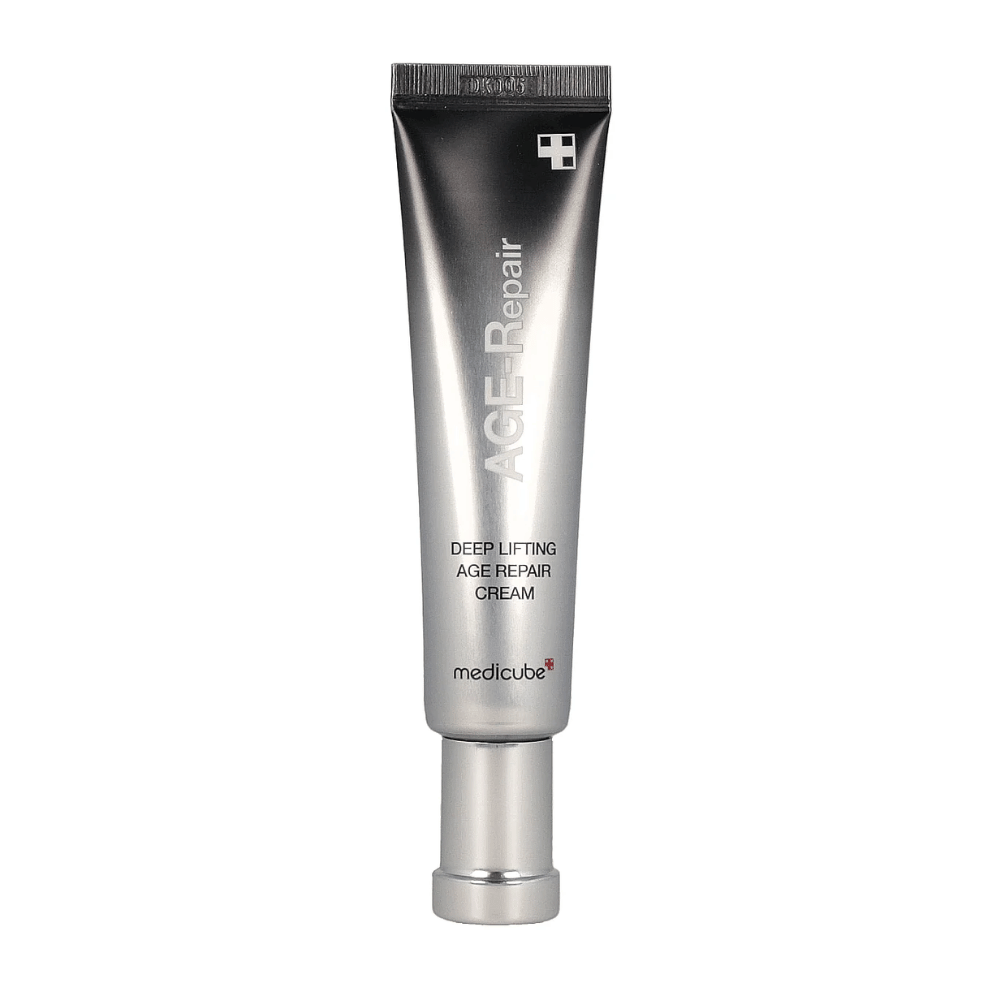 Produktbild von Medicube Deep Lifting Age Repair Cream in silberner Tube vor weißem Hintergrund.