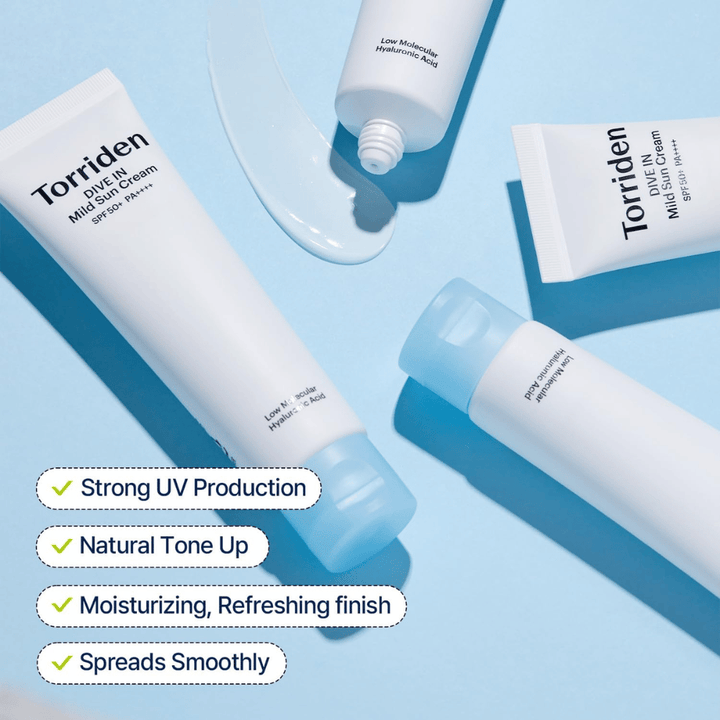 Mehrere Tuben von Torriden DIVE-IN Mild Sun Cream liegen auf einem blauen Hintergrund verteilt, mit etwas verstrichenem Produkt. Der Text hebt Vorteile wie UV-Schutz, Feuchtigkeitspflege und gleichmäßiges Auftragen hervor.