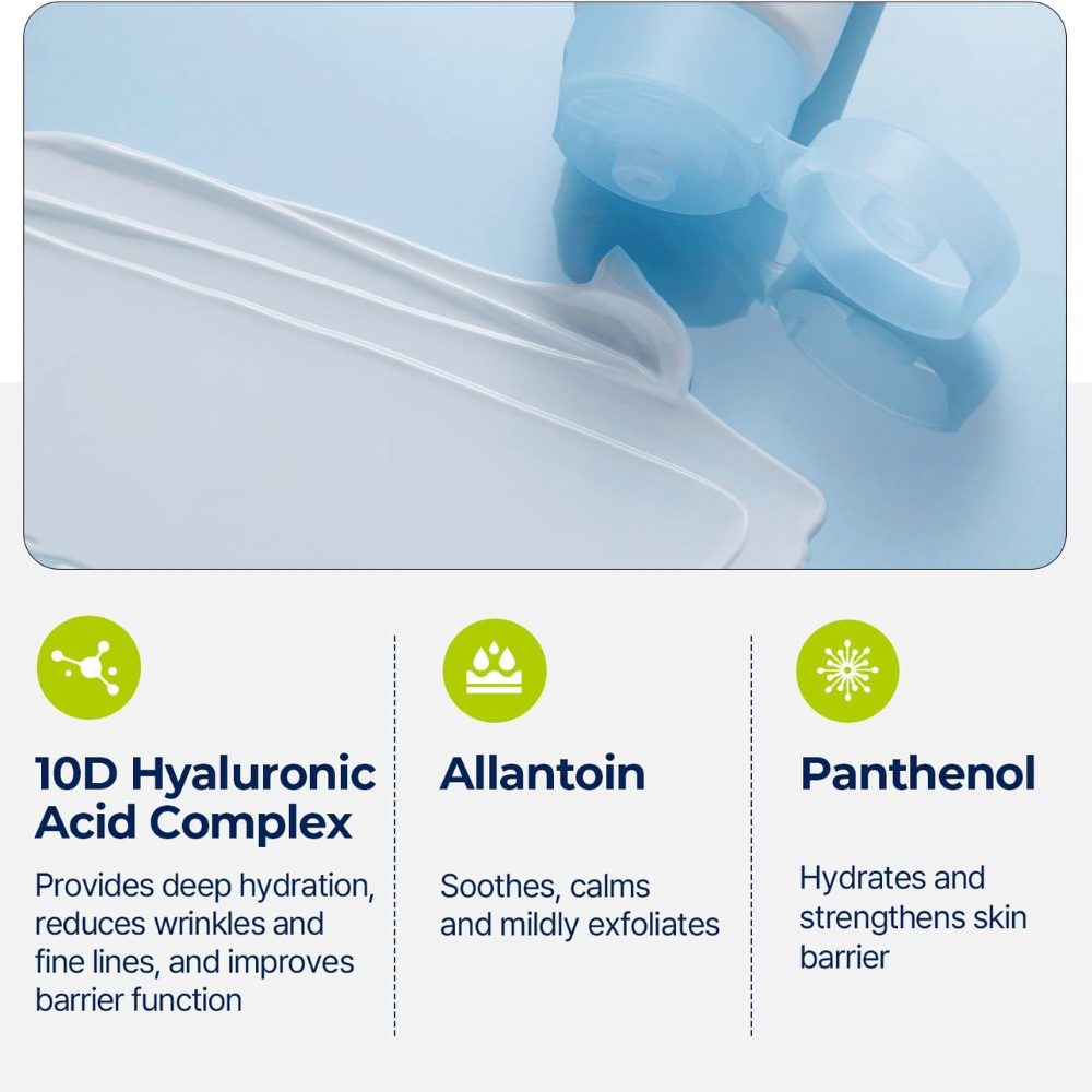 Nahaufnahme der Konsistenz der Sonnencreme, die auf einer blauen Oberfläche verstrichen ist. Darunter werden Inhaltsstoffe und ihre Funktionen gezeigt, wie Hyaluronsäure, Allantoin und Panthenol.