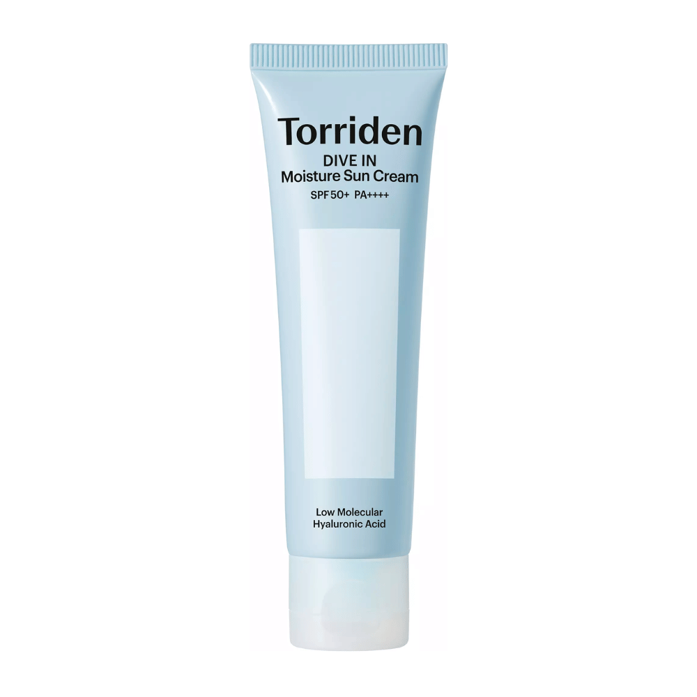 Torriden DIVE-IN Moisture Sun Cream SPF50+ PA++++ Produktbild auf weißem Hintergrund mit niedermolekularer Hyaluronsäure für intensive Feuchtigkeitsversorgung und UV-Schutz.