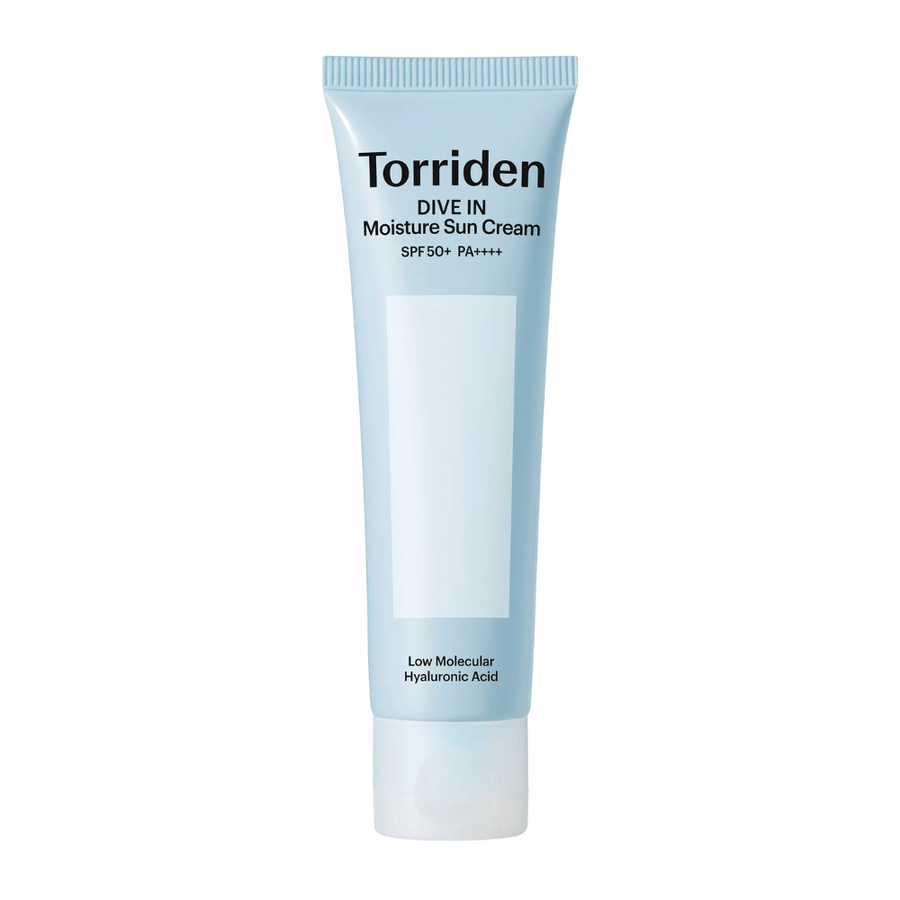 Torriden DIVE-IN Moisture Sun Cream SPF50+ PA++++ Produktbild auf weißem Hintergrund mit niedermolekularer Hyaluronsäure für intensive Feuchtigkeitsversorgung und UV-Schutz.