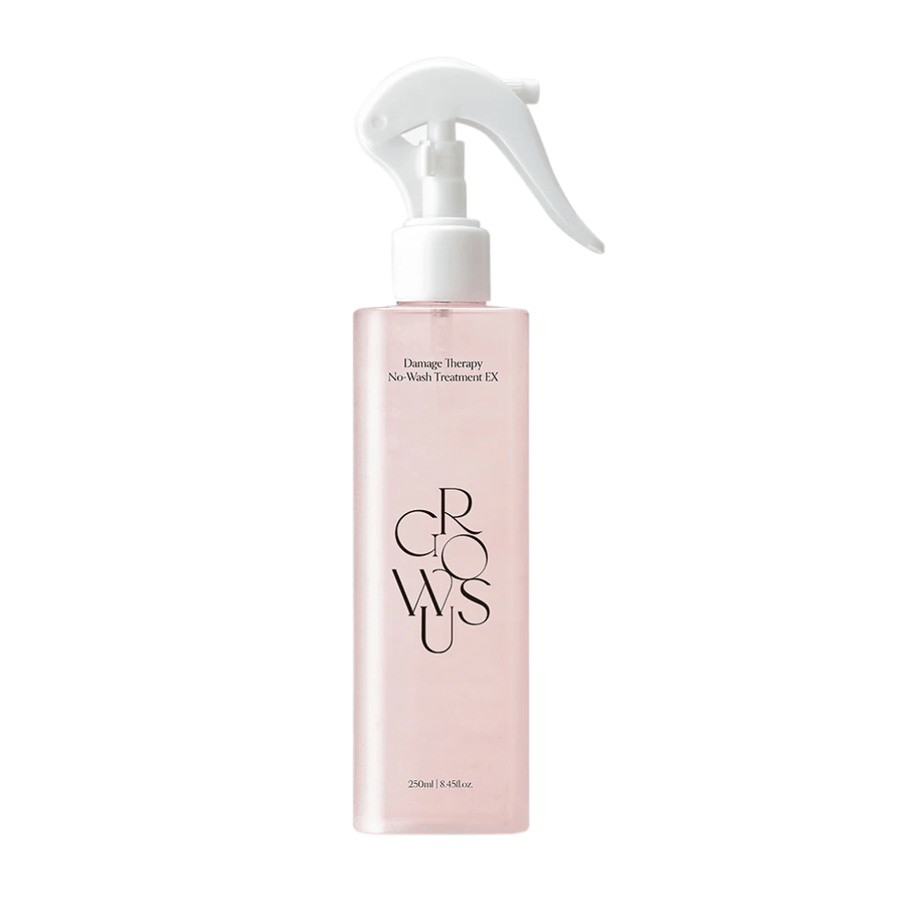 Freigestelltes Produktbild von GROWUS Damage Therapy No-Wash Treatment EX in einer rosa Sprayflasche mit Leave-in-Formel zur Feuchtigkeitsversorgung und Pflege von geschädigtem Haar.