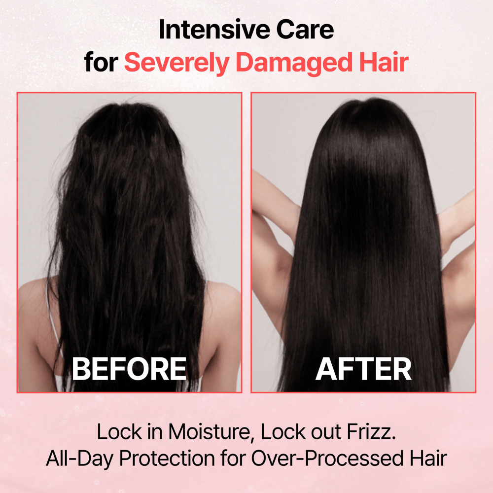 Vorher-Nachher-Bild, das das Ergebnis von GROWUS Damage Therapy No-Wash Treatment EX zeigt, mit glatterem, glänzenderem und weniger frizzigem Haar nach der Anwendung.