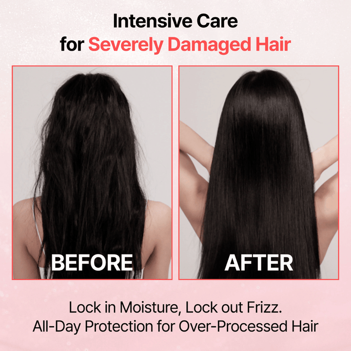 Vorher-Nachher-Bild, das das Ergebnis von GROWUS Damage Therapy No-Wash Treatment EX zeigt, mit glatterem, glänzenderem und weniger frizzigem Haar nach der Anwendung.