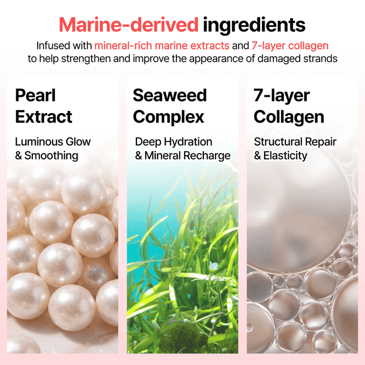 Informationsbild über marine Inhaltsstoffe in GROWUS Damage Therapy No-Wash Treatment EX mit Perlenextrakt, Seegras-Komplex und 7-Schichten-Kollagen für Glanz und Feuchtigkeit.