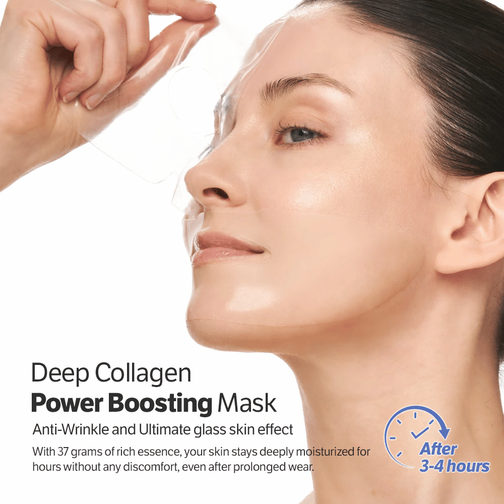 Frau trägt Sungboon Editor Deep Collagen Power Boosting Mask auf, ein Anti-Aging-Sheet mask, das Feuchtigkeit spendet und der Haut ein glasähnliches Aussehen verleiht.