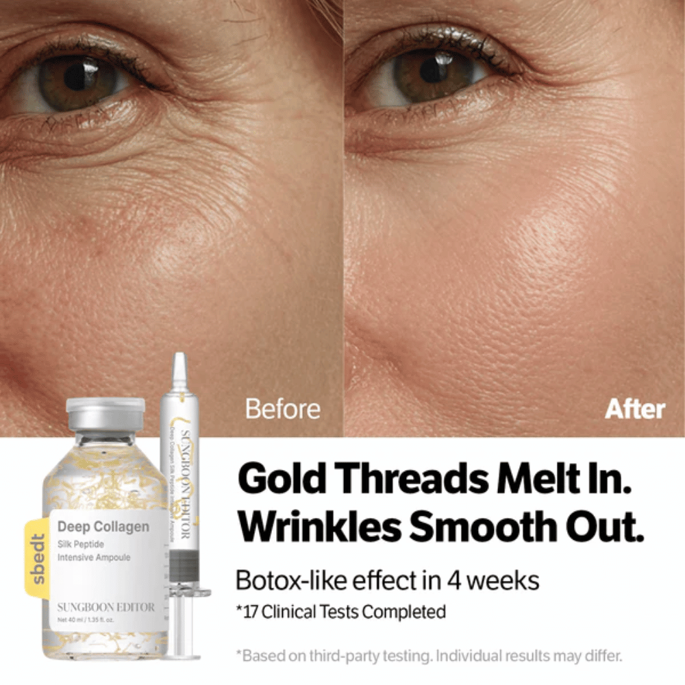 SUNGBOON EDITOR Deep Collagen Silk Peptide Intensive Ampoule – Serum mit Peptiden, die helfen, Falten zu reduzieren und die Hautelastizität zu verbessern, für ein glatteres Ergebnis.