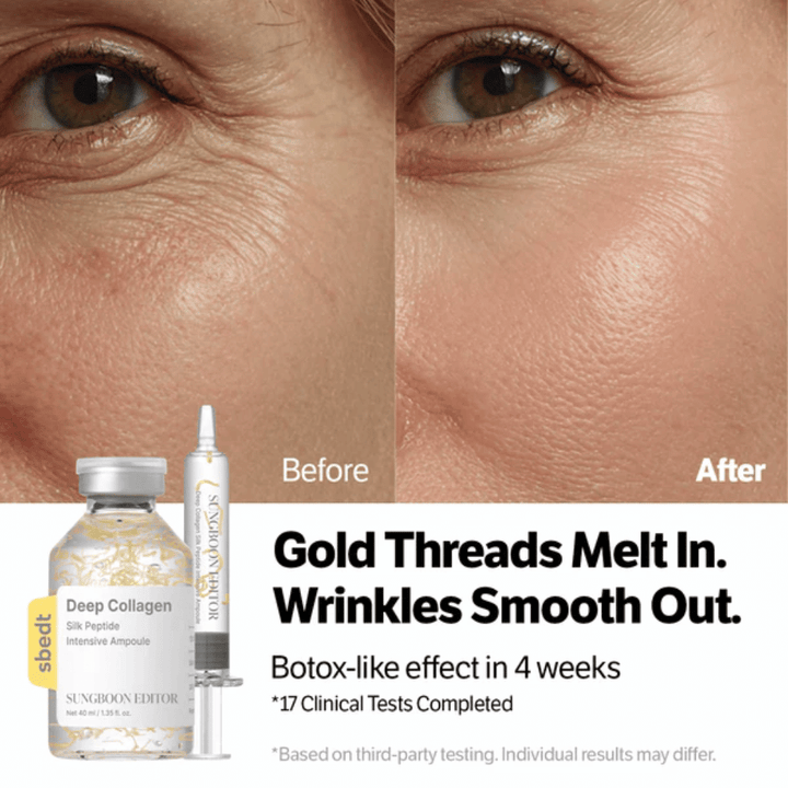 SUNGBOON EDITOR Deep Collagen Silk Peptide Intensive Ampoule – Serum mit Peptiden, die helfen, Falten zu reduzieren und die Hautelastizität zu verbessern, für ein glatteres Ergebnis.