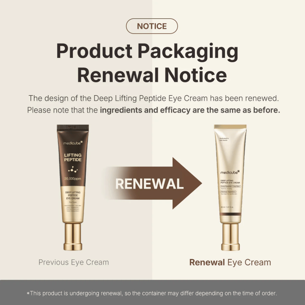 Medicube Deep Lifting Peptide Eye Cream – ny förpackning, samma effektiva peptidformula som lyfter och stramar upp huden runt ögonen.