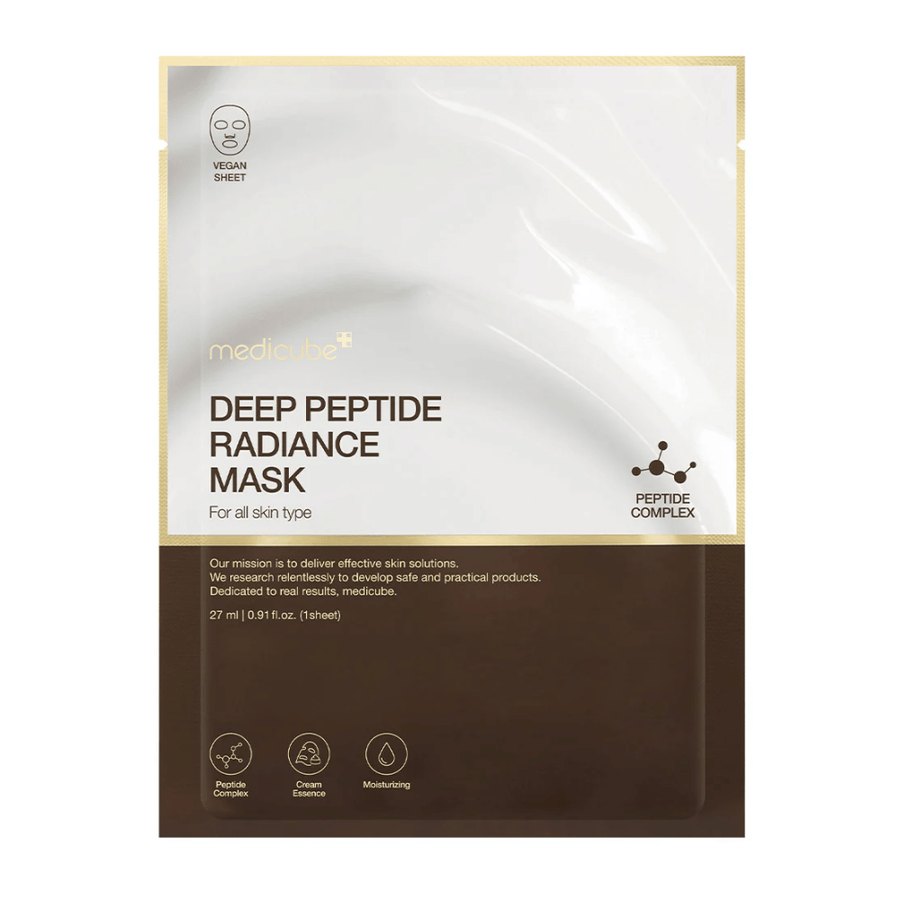 Vorderseite von Medicube Deep Peptide Radiance Mask, vegane Sheet mask mit Peptidkomplex für Feuchtigkeit und Strahlkraft.