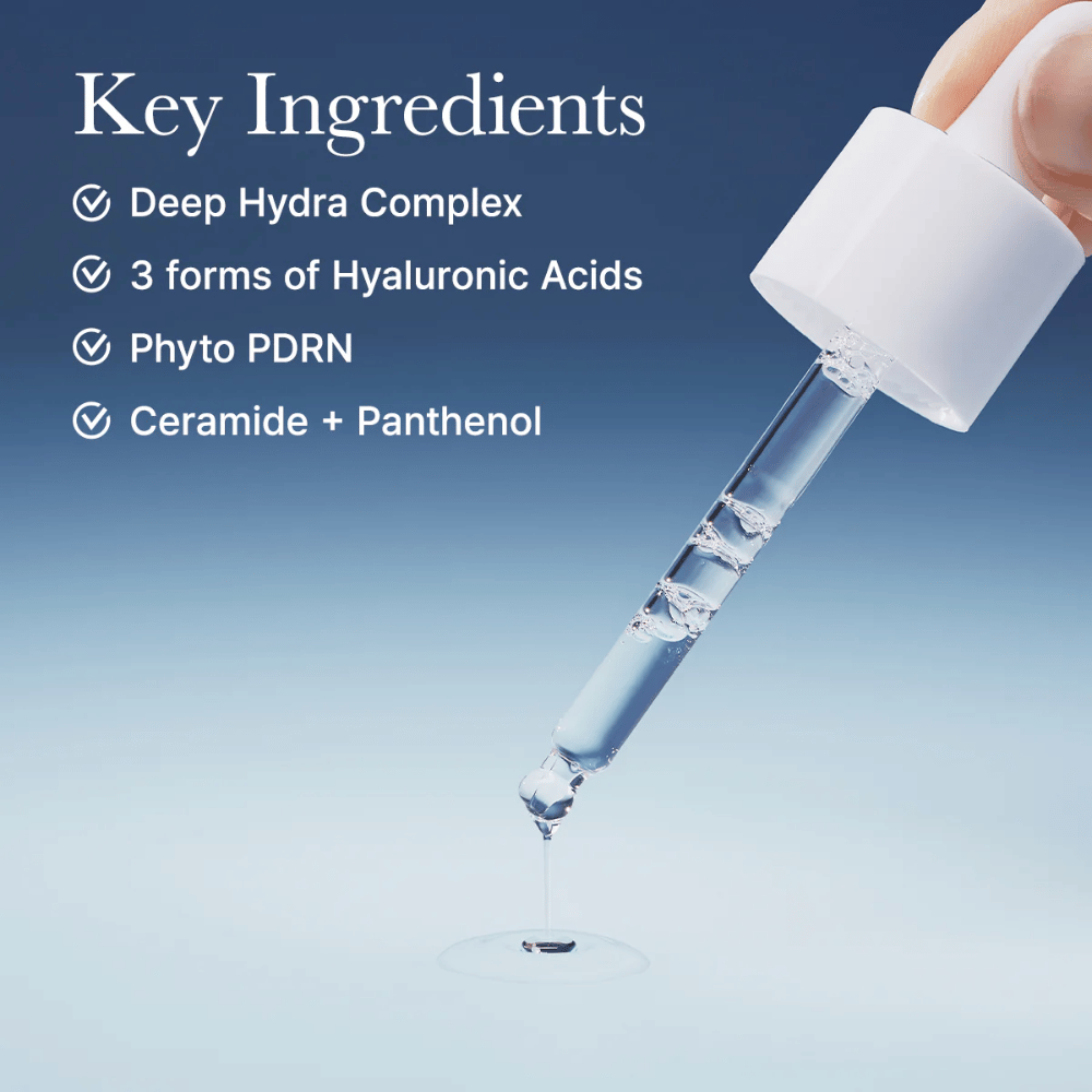 Pipette mit Serum, die die leichte Konsistenz und aktiven Inhaltsstoffe des Arencia Deep Water Surge Serums zeigt, wie Hyaluronsäure, Phyto PDRN, Ceramide und Panthenol.