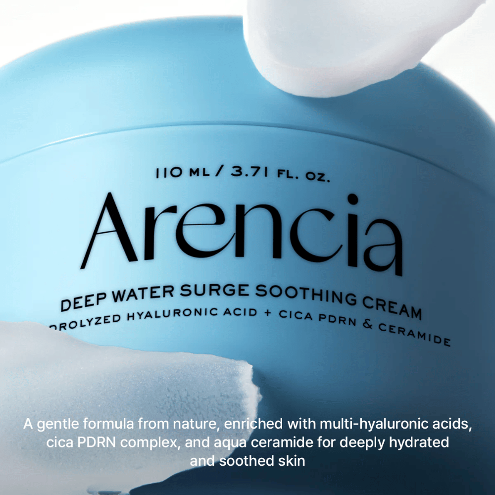Arencia Deep Water Surge Soothing Cream mit Hyaluronsäure, Cica PDRN und Ceramiden – beruhigende Gesichtscreme, die tiefgehend mit Feuchtigkeit versorgt und die Hautbarriere für empfindliche und trockene Haut stärkt.