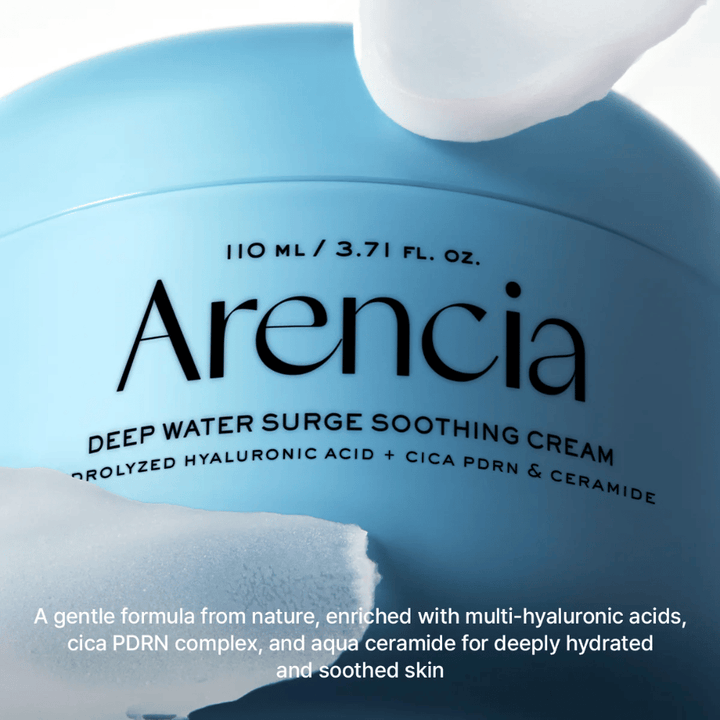 Arencia Deep Water Surge Soothing Cream mit Hyaluronsäure, Cica PDRN und Ceramiden – beruhigende Gesichtscreme, die tiefgehend mit Feuchtigkeit versorgt und die Hautbarriere für empfindliche und trockene Haut stärkt.