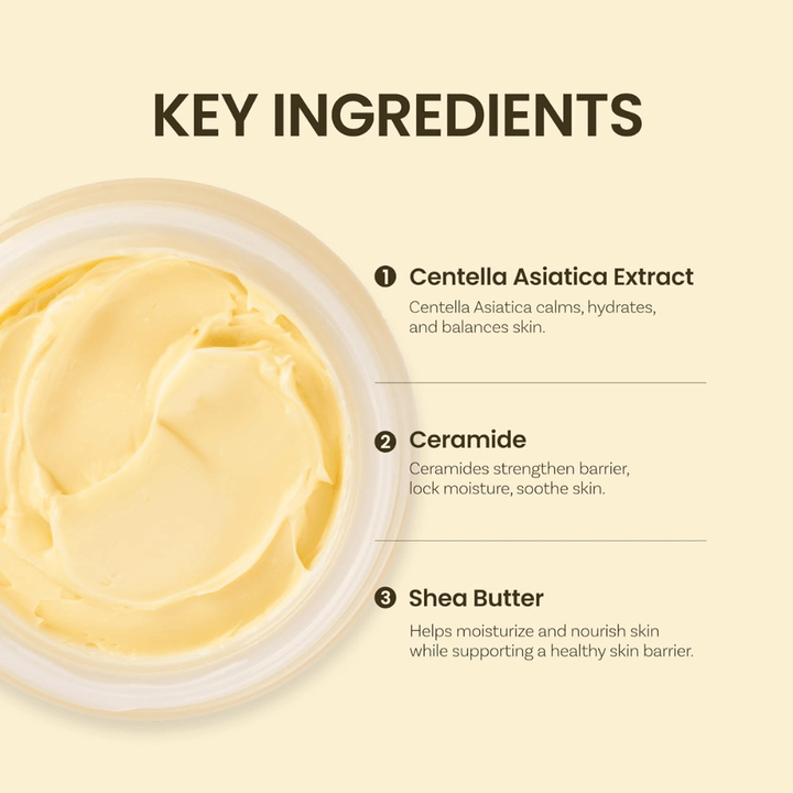 Nyckelingredienser i Ongredients Deep Calming Cream: Centella Asiatica, ceramider och sheasmör som återfuktar och balanserar huden.