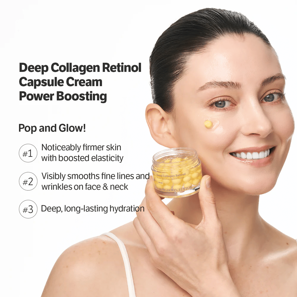 Lächelnde Person trägt Sungboon Editor Deep Collagen Retinol Capsule Cream auf die Wange auf. Creme, die die Haut strafft und Linien glättet.