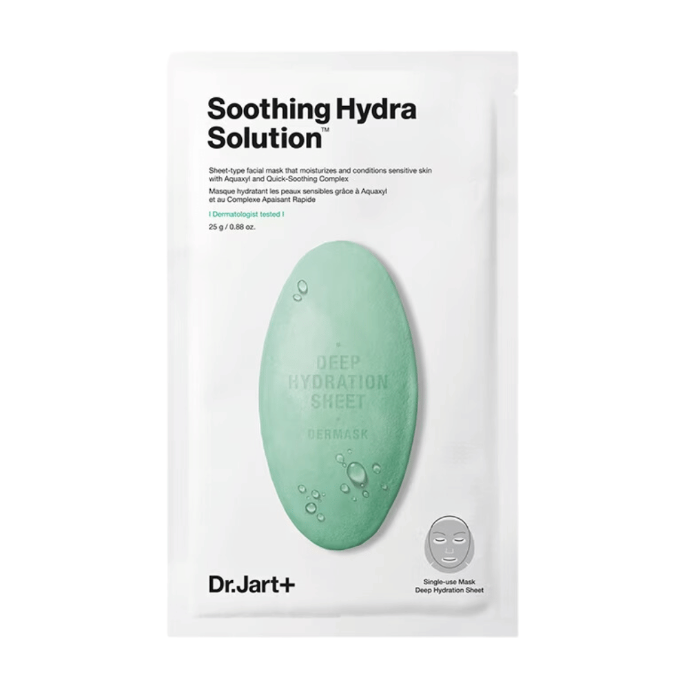 Eine Packung von Dr.Jart+'s "Soothing Hydra Solution" tief hydratisierende Gesichtsmaske, mit einem grünen wassertropfenförmigen Design auf einem weißen Hintergrund. Die Maske ist ein Einwegprodukt, das für tiefe Hydratisierung gedacht ist.