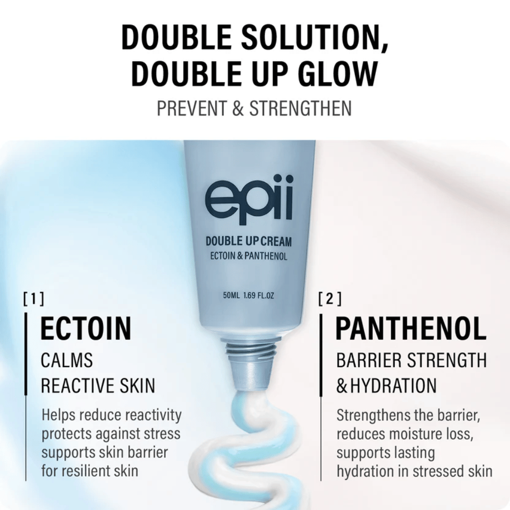EPII Double Up Cream mit Ectoin und Panthenol – feuchtigkeitsspendende Gesichtscreme, die die Haut beruhigt, die Hautbarriere stärkt und langanhaltende Feuchtigkeit spendet.