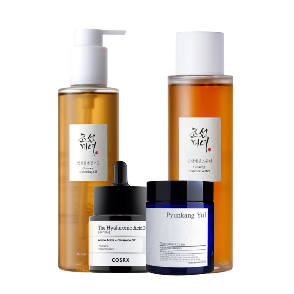 Schönheitsprodukte einschließlich Ginseng-Reinigungsöl, Ginseng-Essenzwasser, COSRX Hyaluronsäure-Serum und Pyunkang Yul nährende Creme.