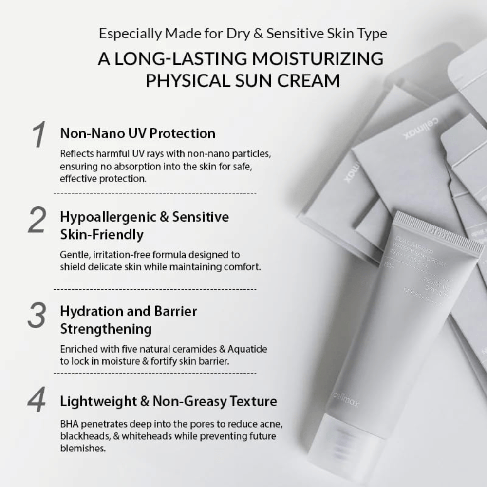Celimax Dual Barrier Watery Sun Cream SPF50+ PA++++ mit physikalischem UV-Filter, fünf Ceramiden und Aquatide, das Feuchtigkeit spendet und die Hautbarriere stärkt.