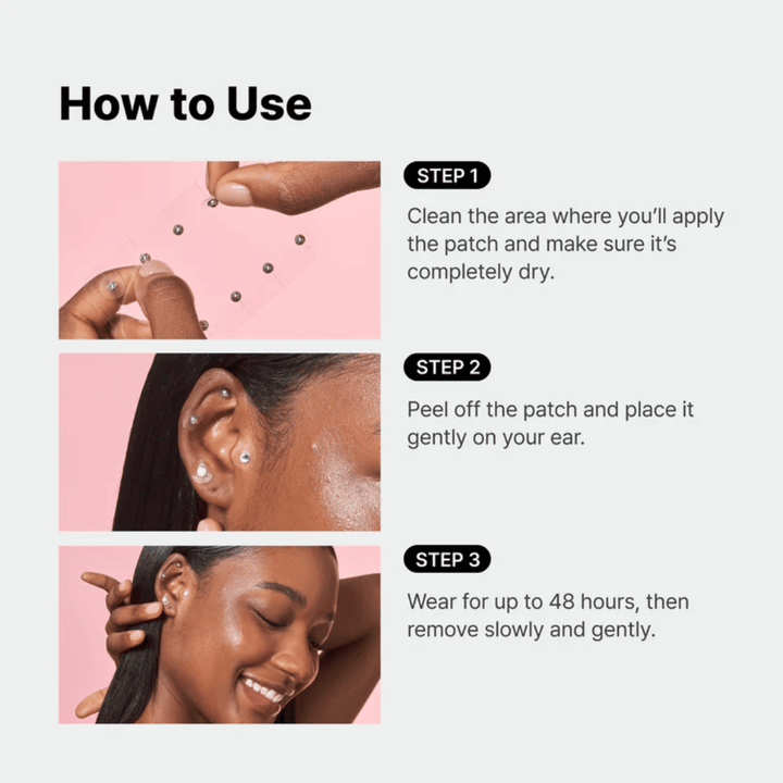 Schritt-für-Schritt-Anleitung, die zeigt, wie RETURNITY Ear Therapy Acupressure Patch am Ohr angebracht wird. Die Pflaster werden auf ausgewählten Punkten platziert und können bis zu 48 Stunden getragen werden.