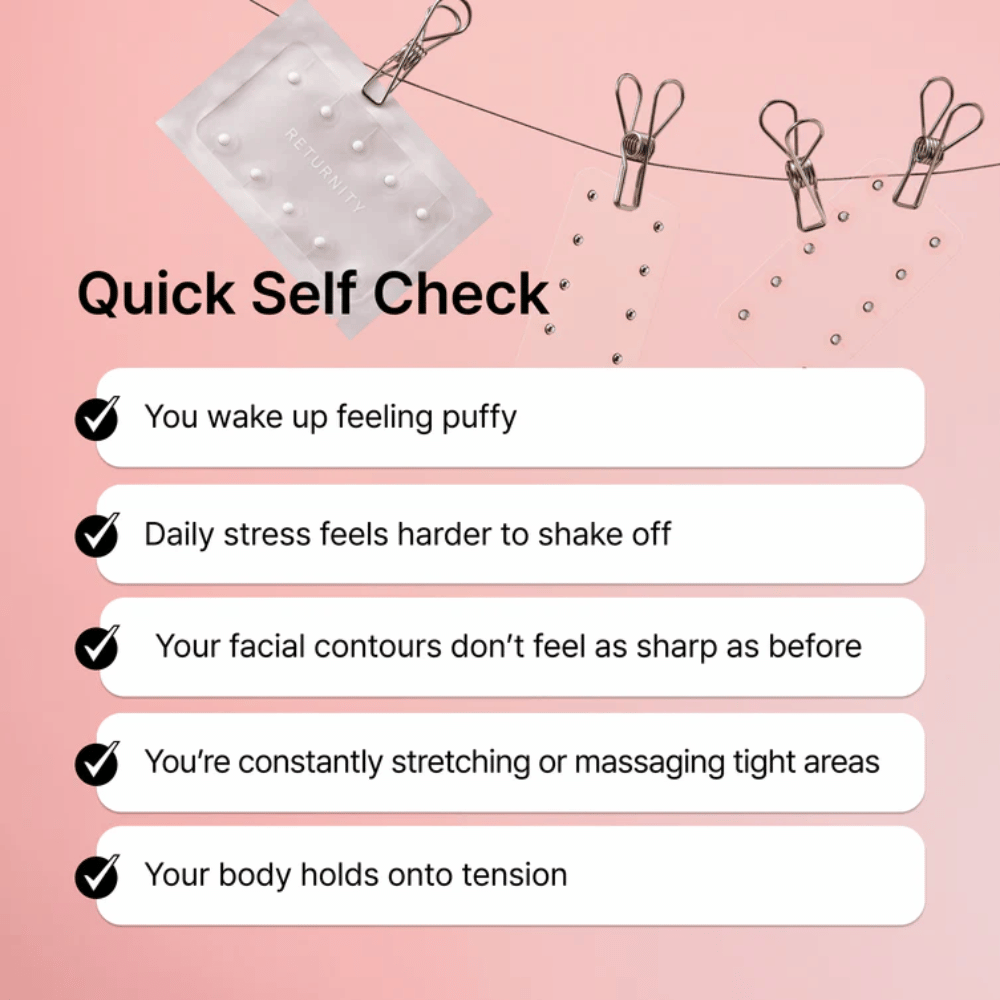 Illustration häufiger Anzeichen von Stress, Schwellung und Verspannungen. RETURNITY Ear Therapy Acupressure Patch wird als Teil einer täglichen Wellness-Routine für Entspannung und Balance präsentiert.