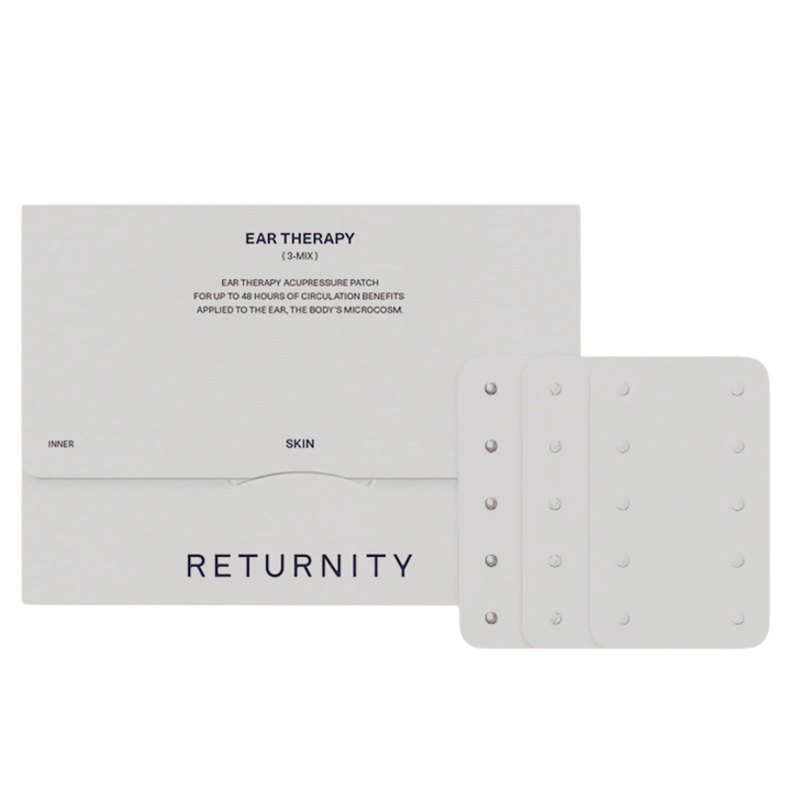 RETURNITY Ear Therapy Acupressure Patch 30pcs (3-Mix) mit Verpackung und drei verschiedenen Arten von Akupressurpflastern. Das Set enthält mehrere Varianten für individuelle Ohrakupressur und den täglichen Gebrauch.