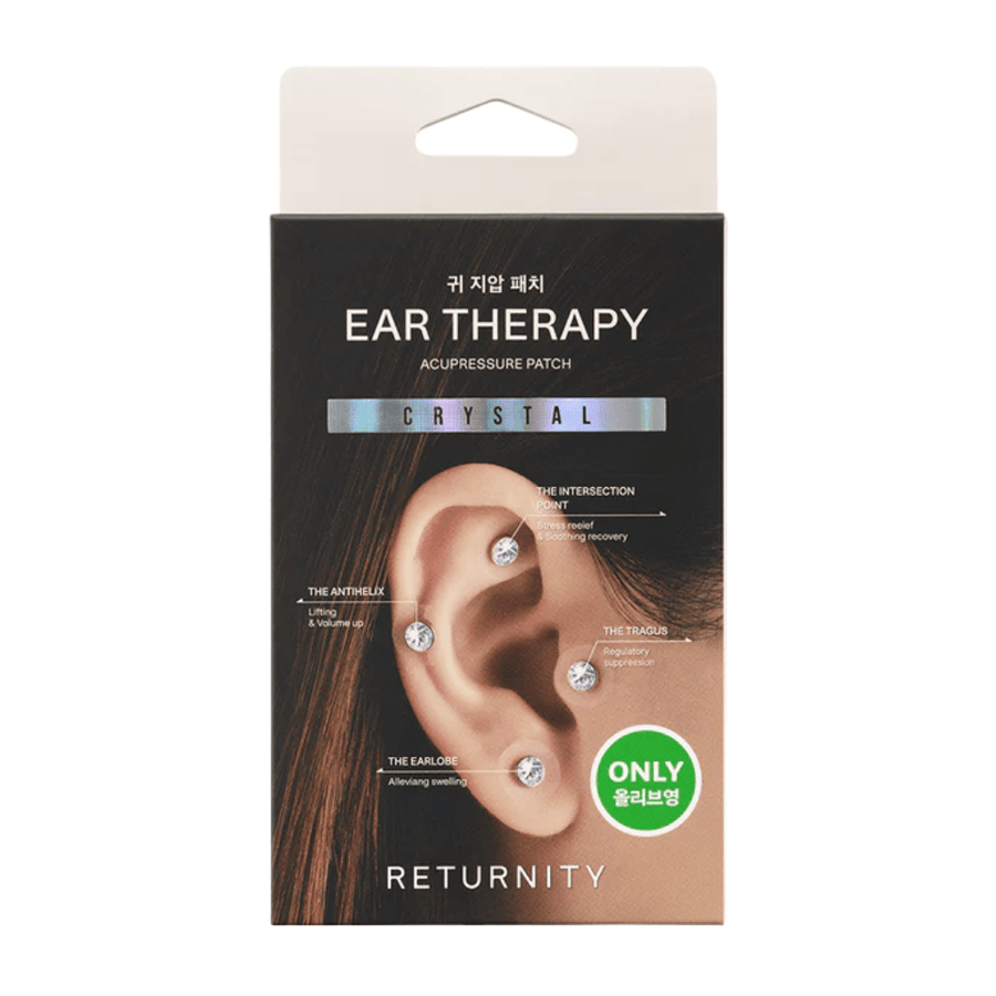 Verpackung von RETURNITY Ear Therapy Acupressure Patch Crystal mit dekorativen Kristall-Patches für Ohrakupressur und Fokus auf bestimmte Ohrpunkte.